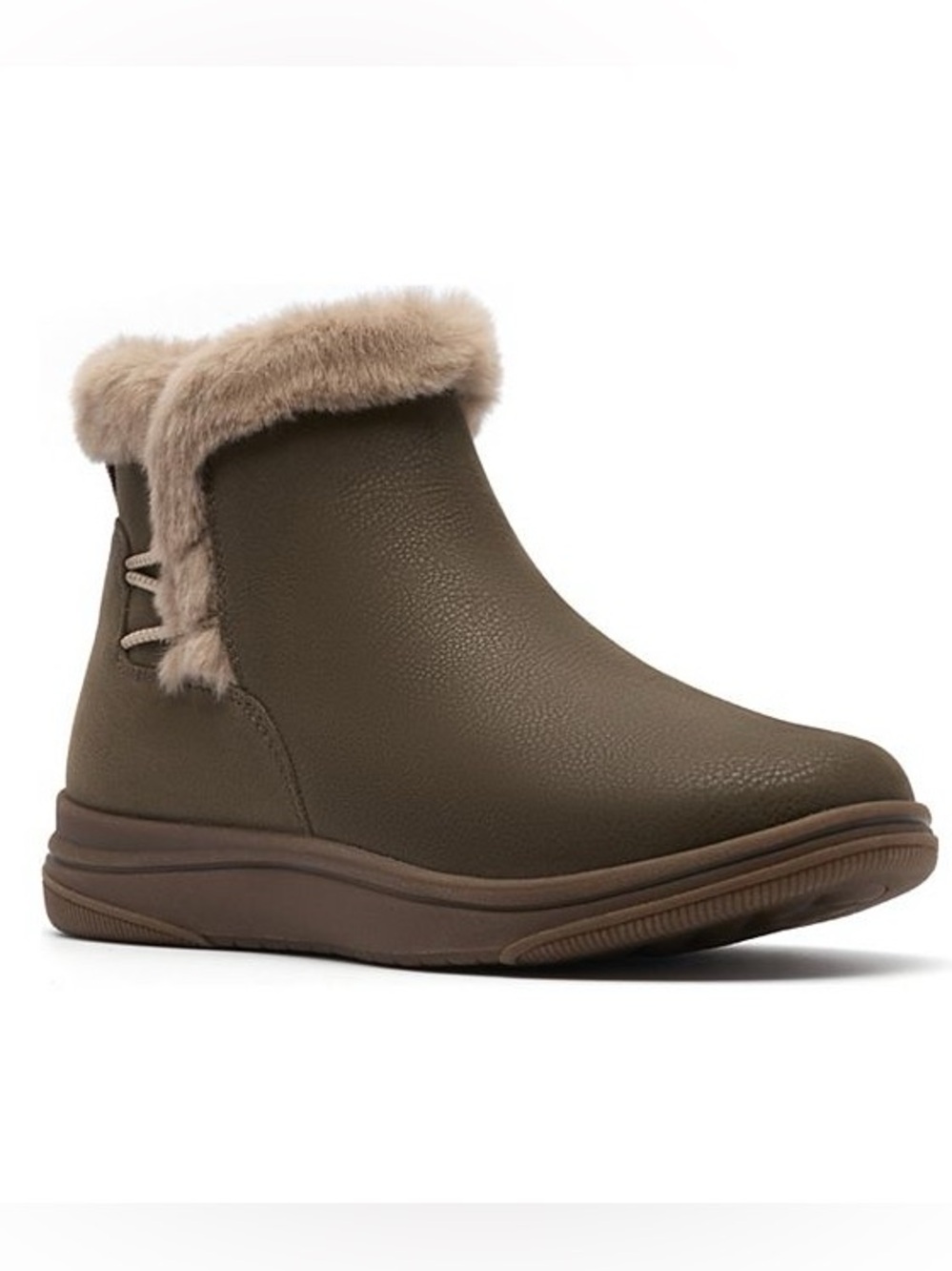 🖤🖤 Clarks Cloudsteppers Breeze Faux Fur Women's Slip-On Ankle Boots - Dark Olive